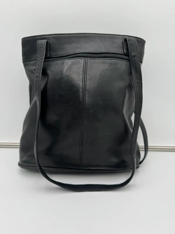 Mila Paoli Genuine Leather Black Tote Shoulder Bag Front Zip Pocket EUC - Image 2