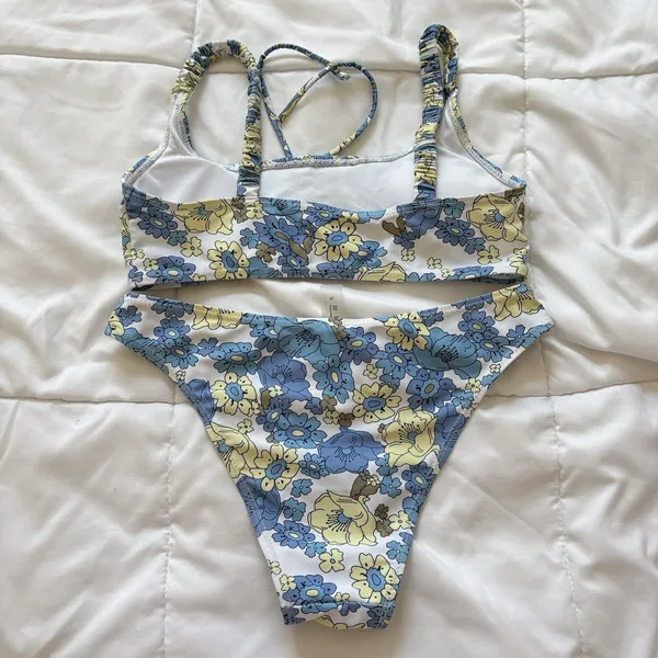 Womens Bikini Set Top Small Bottoms Cheeky Floral Blue Beach‎ Summer Tropical - Image 6