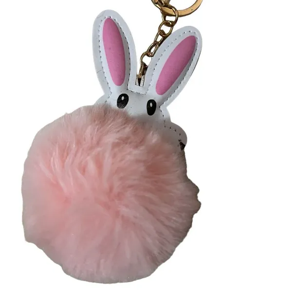 Bunny Rabbit Faux Leather Pompom Key Ring Purse Charm - Image 2