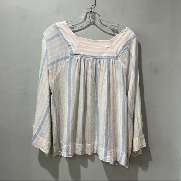 Gap Linen Square-Neck Top Womens Small White 3/4 Sleeve Beachy Flowy Stripe‎ - Image 4