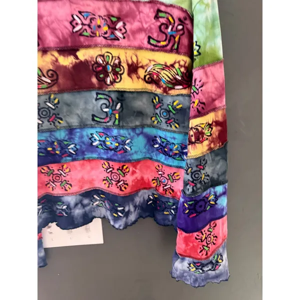 Nepal Cotton Patchwork Tie Dye‎ Long Sleeve Top Om Symbols Boho Hippie Womens L - Image 3