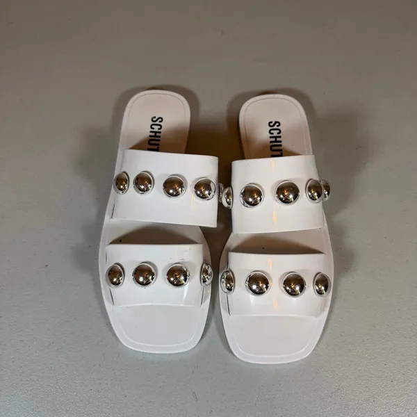 Schutz Lizzie Slide Sandals Womens 6 White Two Band Jelly Design Silver Studs - Image 2