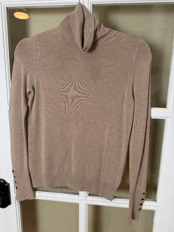 Zara Camel Brown Tan Turtleneck Sweater with Gold Button Detail Size Small - Image 2