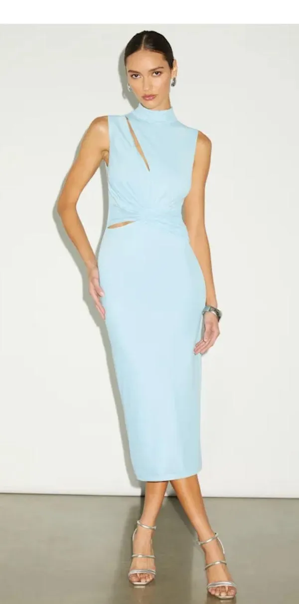 Lulu’s Light Blue Mesh Cutout Knotted Midi Dress - Image 2