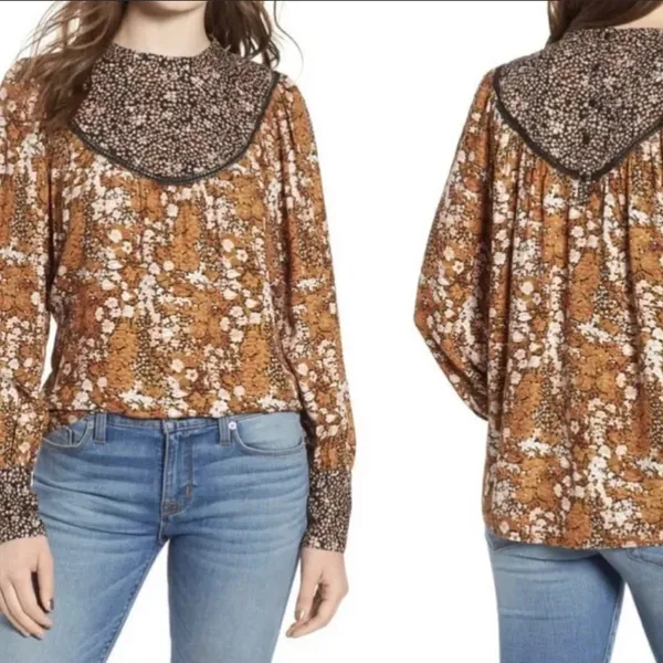 Hinge Nordstrom Boho Mixed Print Blouse Top Shirt v6x - Image 2