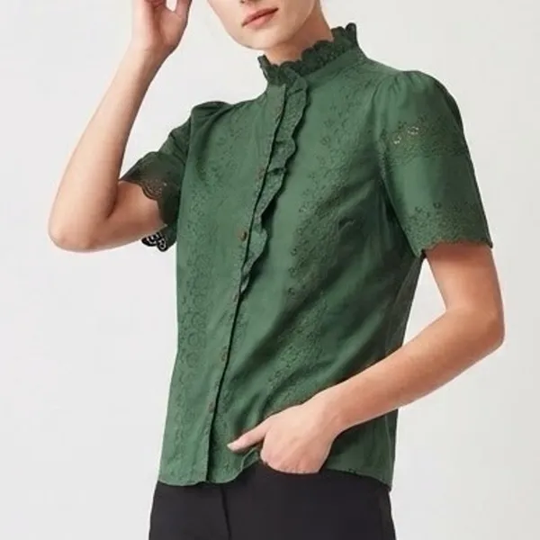 Sézane Louisah Green Organic Cotton Eyelet Ruffle Mock Neck Blouse Size 34 / 2 - Image 13