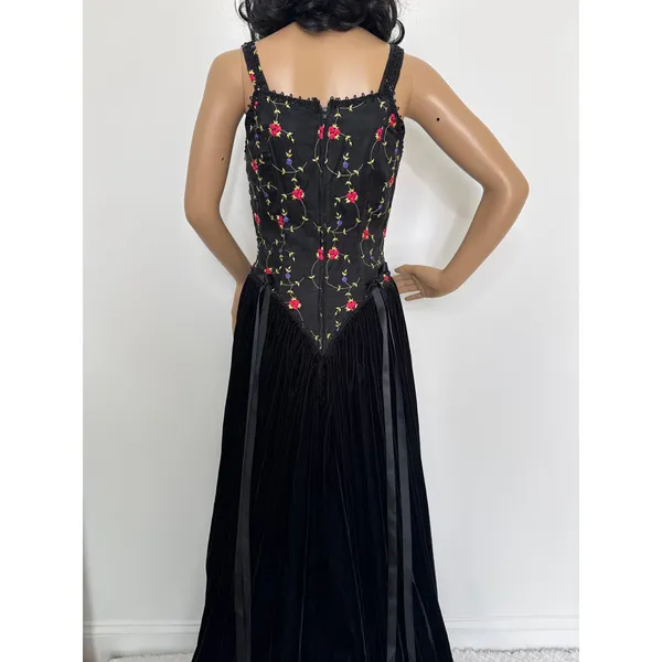 Late 80s Jeannie Nitro Gothic black velvet silk floral embroidered corset gown s - Image 12