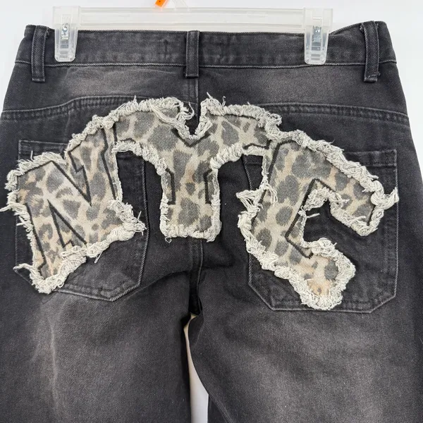 Disclosure NYC Leopard Patch Wide Leg Jeans 9/29 Black Y2K Distressed Baggy - Image 3