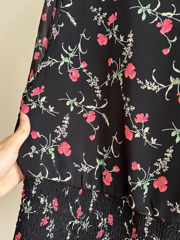 Haver London Smocked Waist Floral Flowy Blouse, Black/Pink, Size Large - Image 16