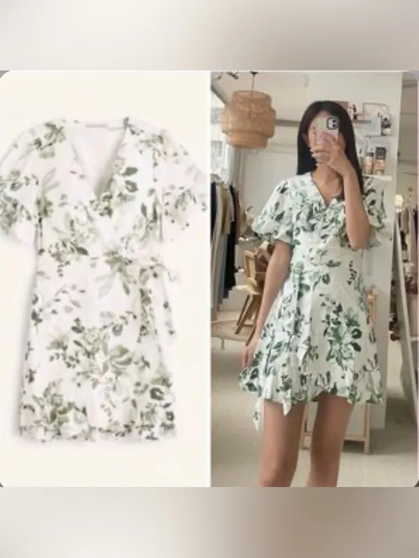 Abercrombie & Fitch Green Floral Wrap Mini Dress Ruffle Hem XXS - Image 2