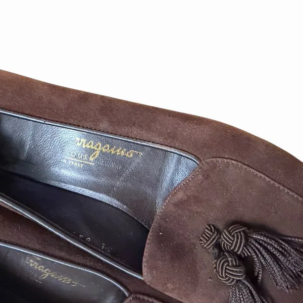 Salvatore Ferragamo Women's Sz 8.5 Brown Tassel Square Toe Heels Suede Leather - Image 7