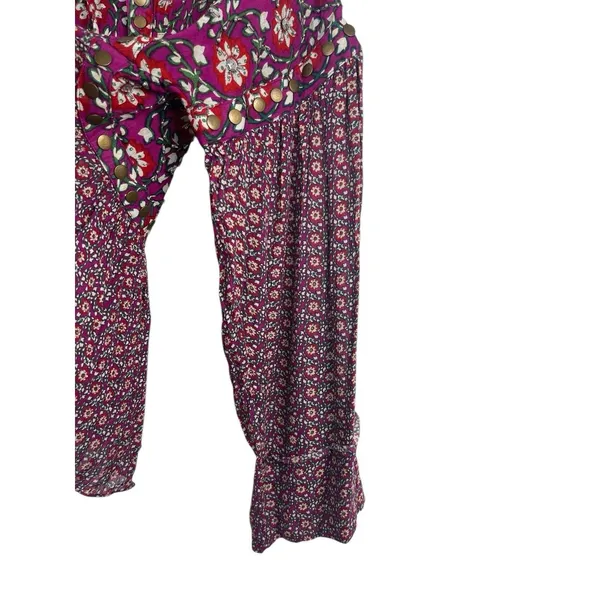Free People Boho Floral Peasant Top M Purple Red Tie Up Studded Beaded Rayon - Image 16
