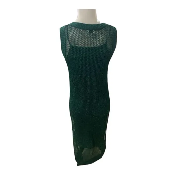 Metallic Green Mesh Midi Dress Size XS Bodycon Crochet Dress Sleeveless - Image 3