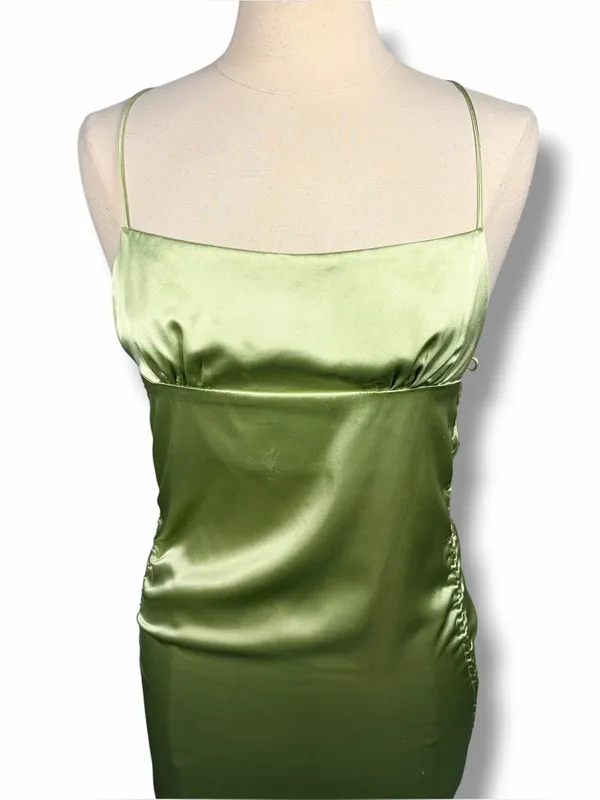 PRINCESS POLLY Chartreuse Satin‎ Tie Shoulder Straps Ruched Mini Dress, Size 4 - Image 3