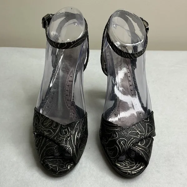Franco Sarto Womens 6M Black Silver Metallic Embossed Ankle Strap Peep Toe Heels - Image 2