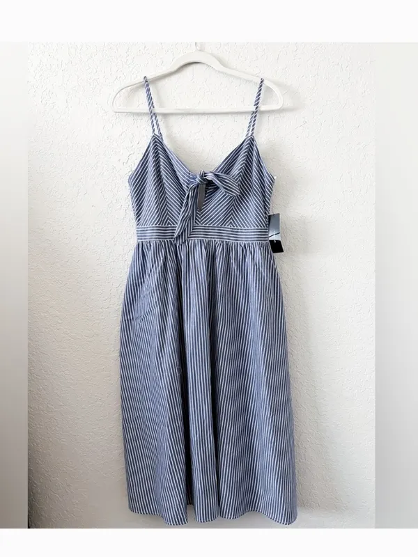 Lulu's Joyful Days Blue Pinstripe Tie-Front Midi Dress | Size Large Like New - Image 3