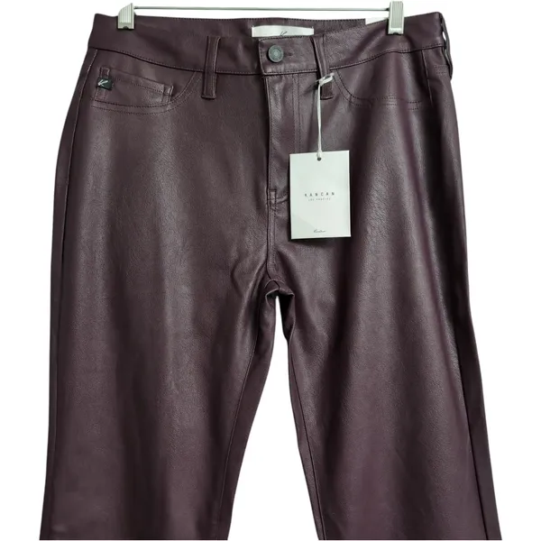 NWT KanCan Yoko Mid Rise Faux Leather Bootcut Pants Burgundy Flare Pants 9/28 - Image 2