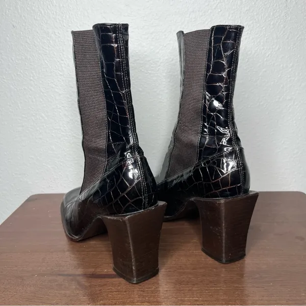 VTG Michael Perry Dark Brown Leather Crocodile Square Toe Block Heel Ankle Boots - Image 5