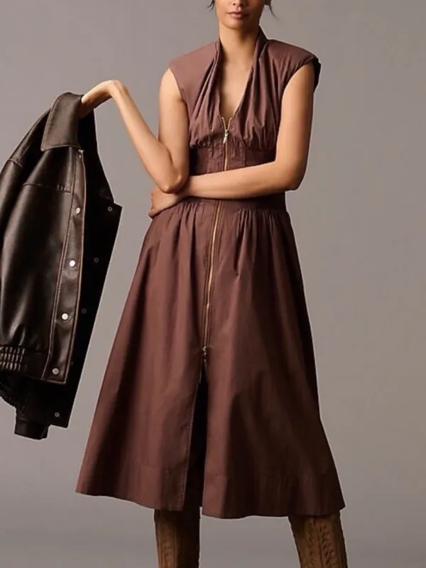 Anthropologie Chocolate Brown Zip-Front Midi Dress-Skirt - Image 2