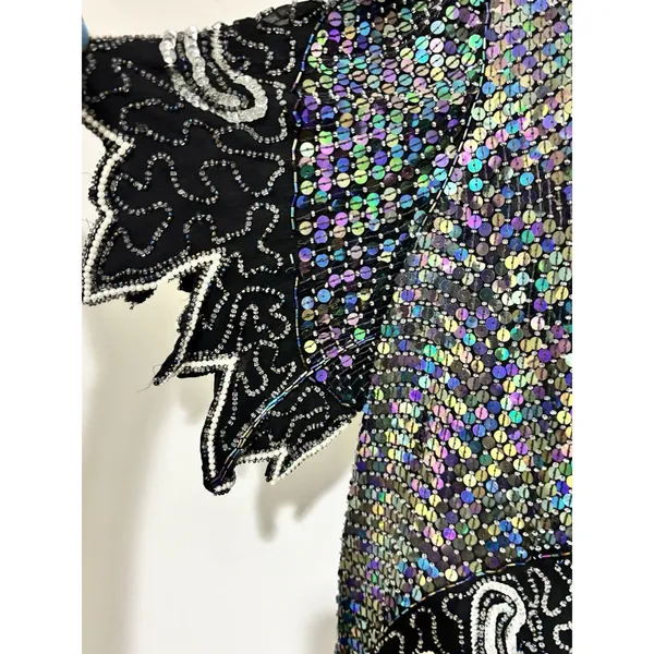 Vtg Scala Beaded Sequin Top Black Silver Embellished Blouse Size Large - Image 7