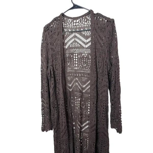 Brown Crochet Knit Long Sleeves Open Front Long Cardigan Womens Size‎ L - Image 2