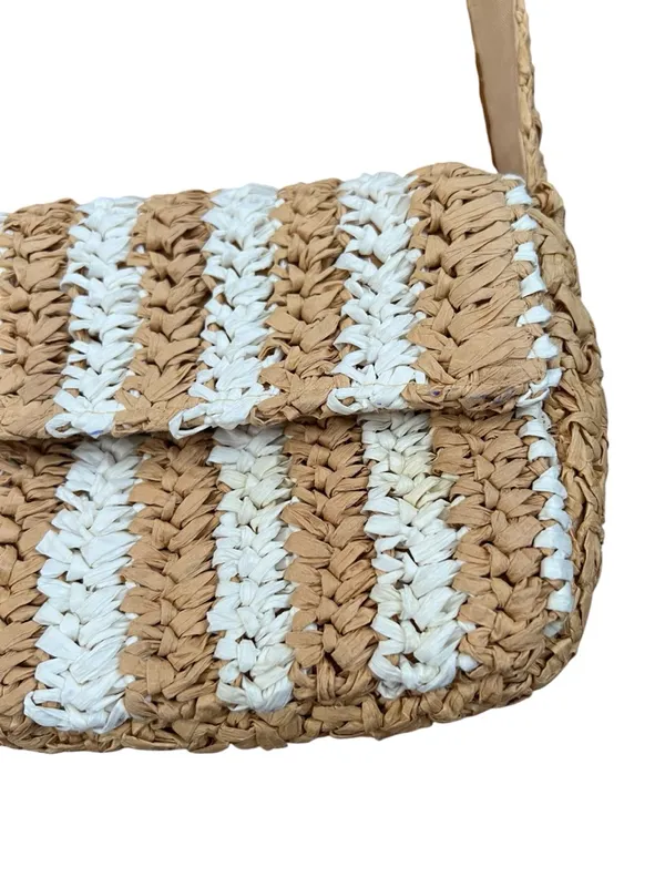 Anthropologie Woven Straw Striped Shoulder Bag Coastal White Tan Small - Image 4