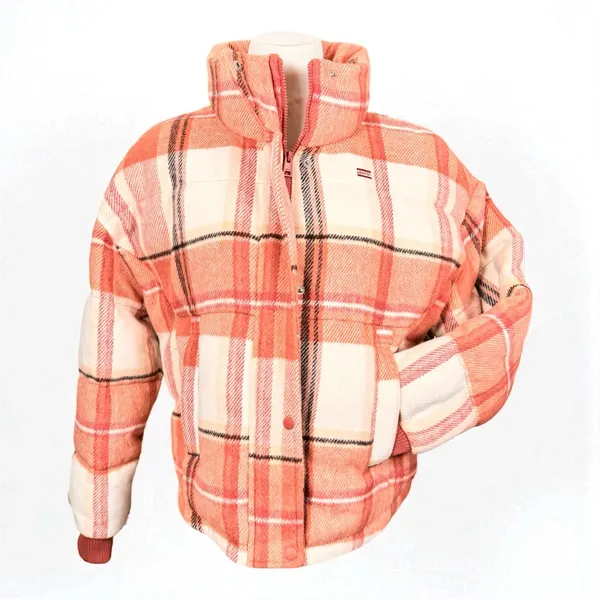 Levi's Plaid Coat Jacket M Quilted‎ Pink White Cabincore Flannel Winter Trucker - Image 5