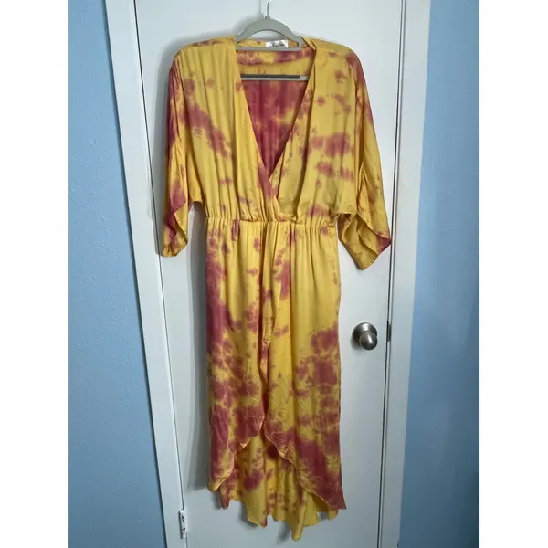 Privacy Please Faux Wrap Dress Small Yellow Tie Dye Summer Hippie Beachy - Image 3