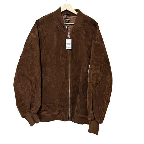 Boohoo Vintage Suede Look Oversized Bomber Jacket Chocolate Brown US 12 NEW - Image 3