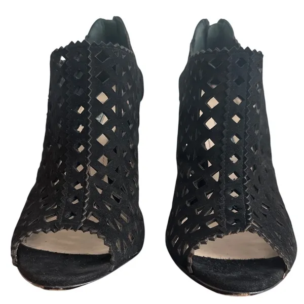 Prada Black Suede Laser Cut Peep Toe Ankle Booties Italy EU 38 US 7.5-8 - Image 3