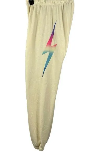 Aviator Nation Rainbow Lightning Bolt Sweatpants Joggers Cream Vintage White XL - Image 2