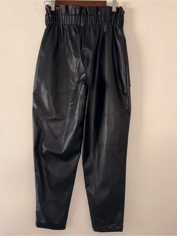 Just Fab High-Waist Faux Leather Paperbag Pants - Black - Image 3