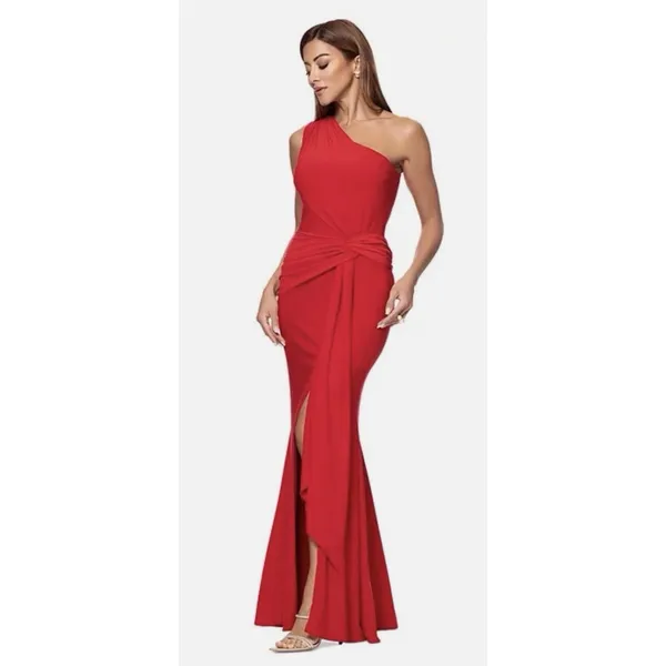 Xscape Red One-Shoulder Twist Jersey Cascading Evening Gown Size 16W $208 - Image 3