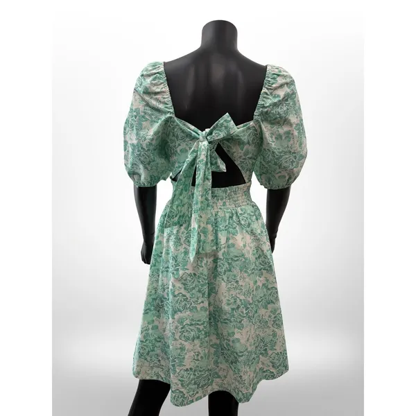 Shabby Chic XL Green Floral Cotton Midi Dress Puff Sleeve Open Back Bow Cottagec - Image 3