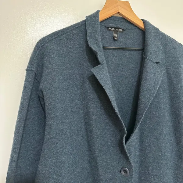 Eileen Fisher | Merino Wool Blend Teal Blue Notched Lapel Cardigan Blazer, S - Image 4