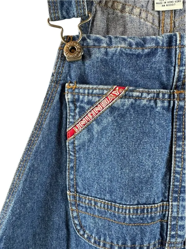 Vintage 90s Unionbay Denim Overalls XL Blue Carpenter Bib Wide Leg Hong Kong - Image 4