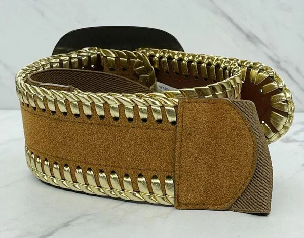 Brown Faux Suede Stretch Belt Metallic Gold Lacing Large/XL (L/XL) ✨ - Image 6