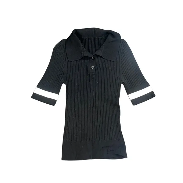 Y2K Ribbed Collar Short Sleeve Shirt SZ S Academia Preppy Collegiate Sporty - Image 3