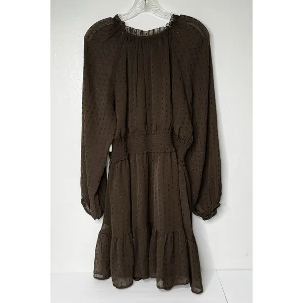 Old Navy Brown Metallic Dot Mini Dress XL Smocked Waist Chiffon Fit Flare 812952 - Image 2