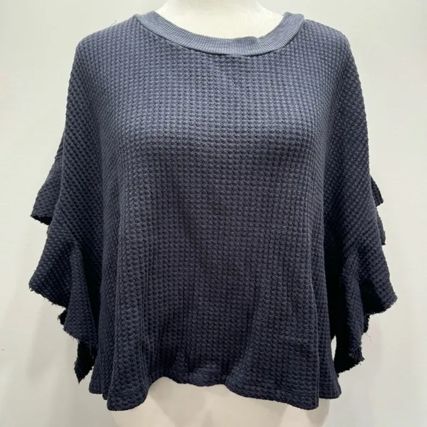 BUCKETLIST Navy Blue Waffle Knit Raw Edge Flutter Sleeve Slouchy Cropped Top NEW - Image 3