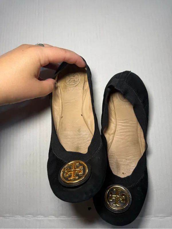 Tory Burch Black Suede Ballet Flats with Gold Logo - Image 2