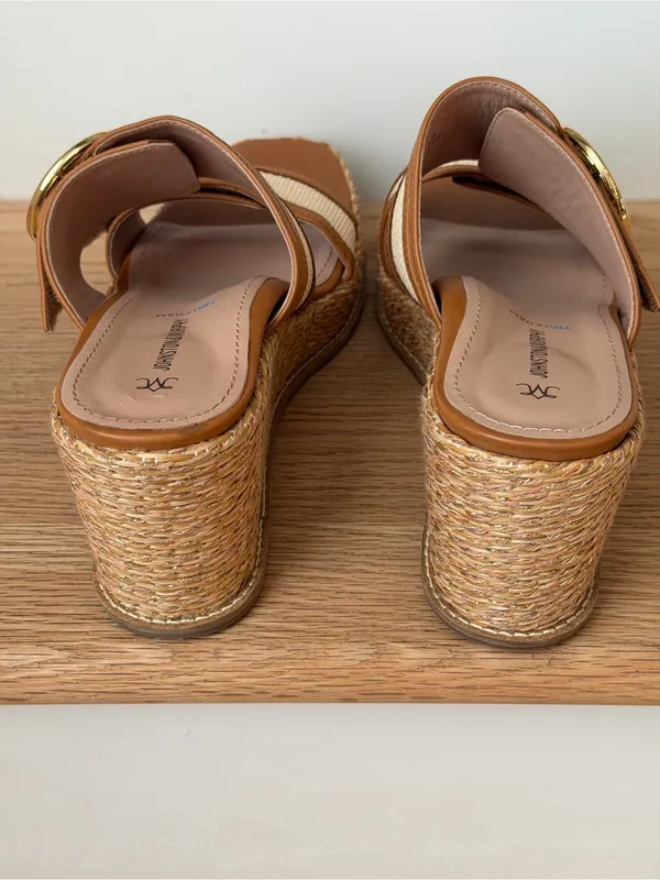 Wedge Slide Sandal in Tan and Cream with Buckle - Image 7
