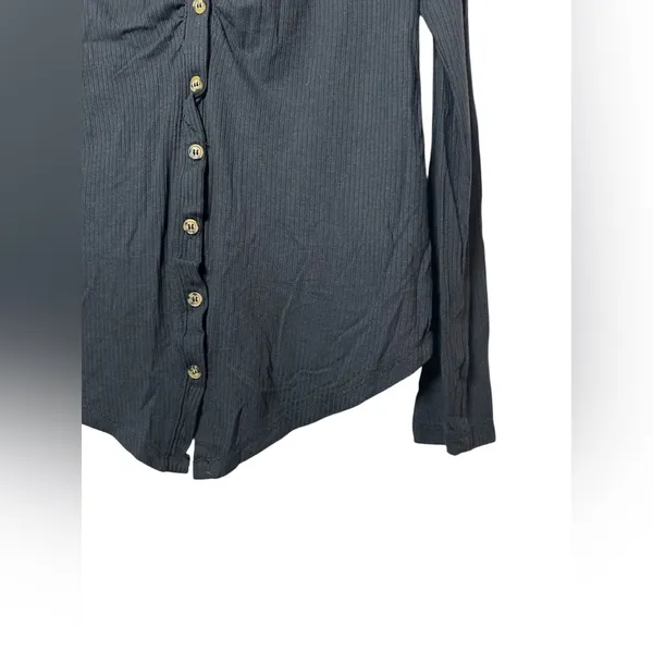 Steve‎ Madden Ribbed Ruched Button Down Long Sleeve Top Black Size M - Image 5