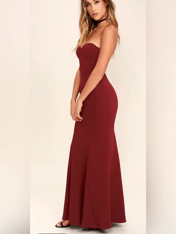 Strapless Burgundy Mermaid Evening Dress - Image 2