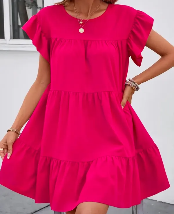 Solid Crew Neck Tiered Dress Pink - Image 4