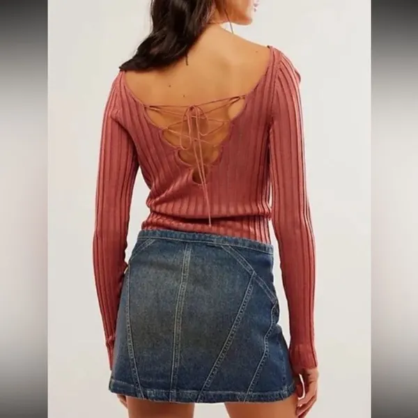 NWOT Free People Hits Different Lace-Up Top in Rusted Coral Sz S - Image 6