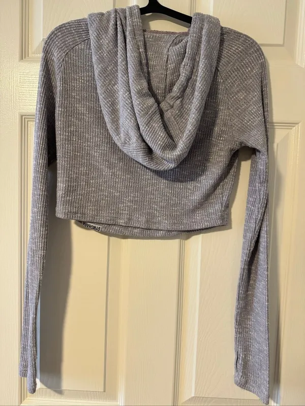 Gymshark Grey Marl Ribbed Knit Cropped Hoodie Women’s Medium Thumbholes - Image 4