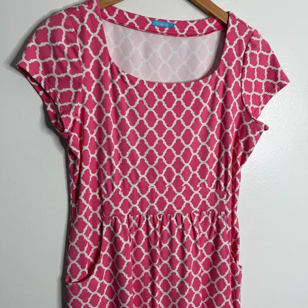 NWOT J. McLaughlin Catalina Pink Geometric Print Dress Cap Sleeve Medium Preppy‎ - Image 5