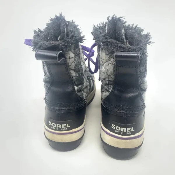 Sorel Tivoli II Leather Plaid Lace-Up Snow Boots‎ Black Gray Purple Size US 5 - Image 6