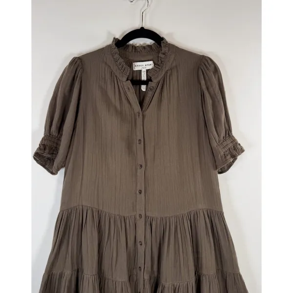Apiece Apart Womens Dress Brown Las Alturas Mini Tiered Puff Sleeve A Line XS - Image 8